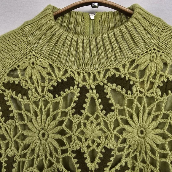 Vintage Suede Wool Crochet Mock Neck Sweater Floral Embroidered - Picture 3 of 12